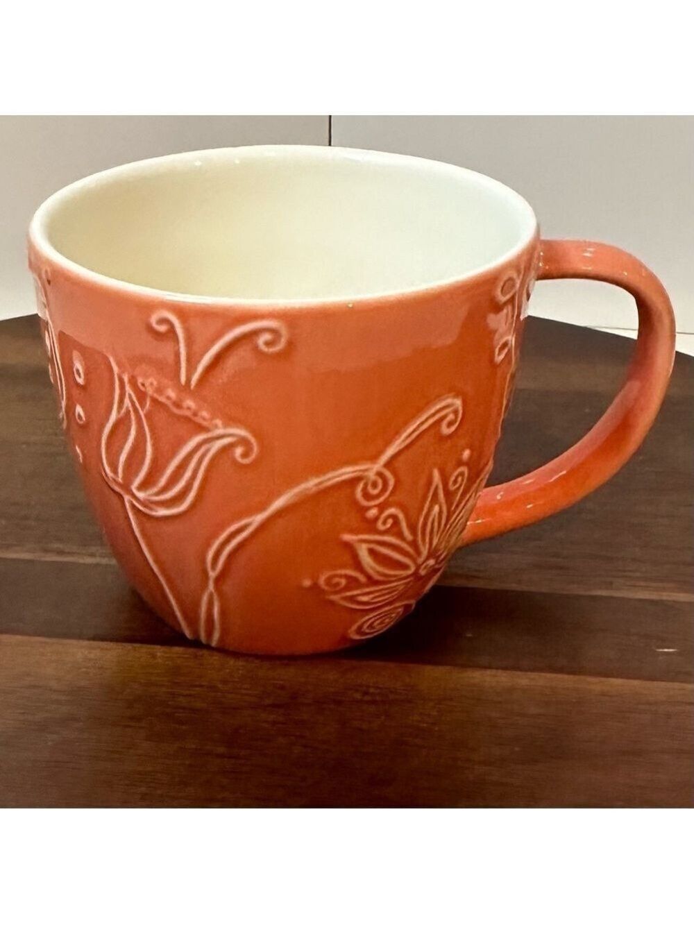 Starbucks 2006 Peach Pink Embossed Floral Latte Mug 12 oz Vintage Ceramic